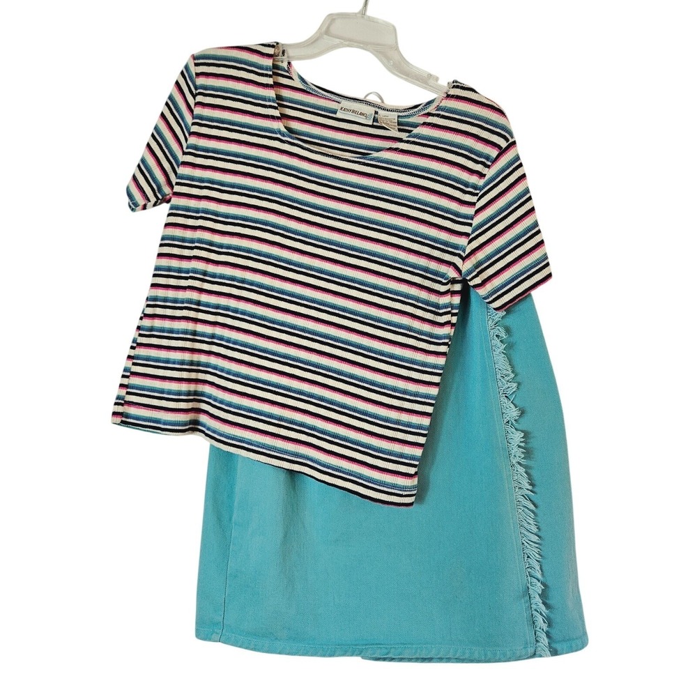 Vintage Western Striped Ribbed Top & Fringe Denim Skirt‎ Set L 11/12 90s Coastal